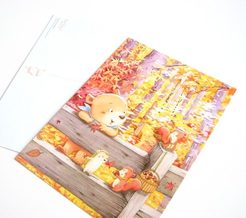 貝果在森林裡散步－秋：秋天的禮物〔明信片〕 - 心意卡/卡片 - 紙 咖啡色