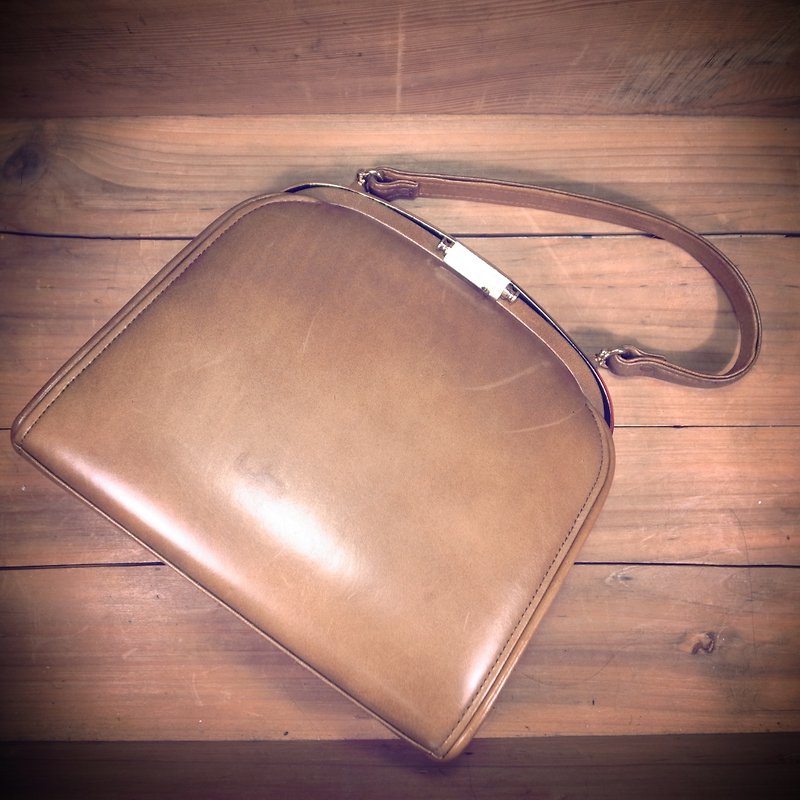 [Bones] early crusty caramel leather hand bag genuine antique print bag Vintage - Handbags & Totes - Genuine Leather Brown
