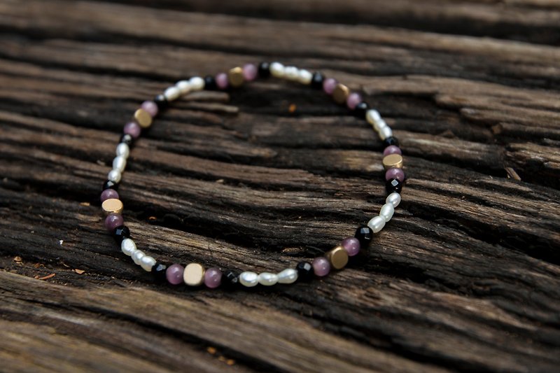 交換禮物 ∣ 珍珠 黑瑪瑙 天然石水晶手鍊 - 手鍊/手鐲 - 半寶石 紫色
