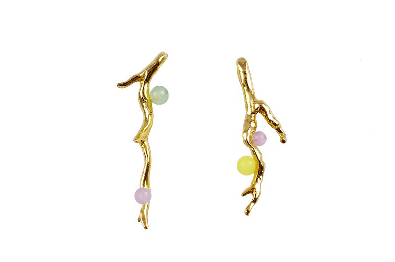 Pastel Gemstone branch earrings Laurier Earrings - ต่างหู - เครื่องเพชรพลอย สีทอง