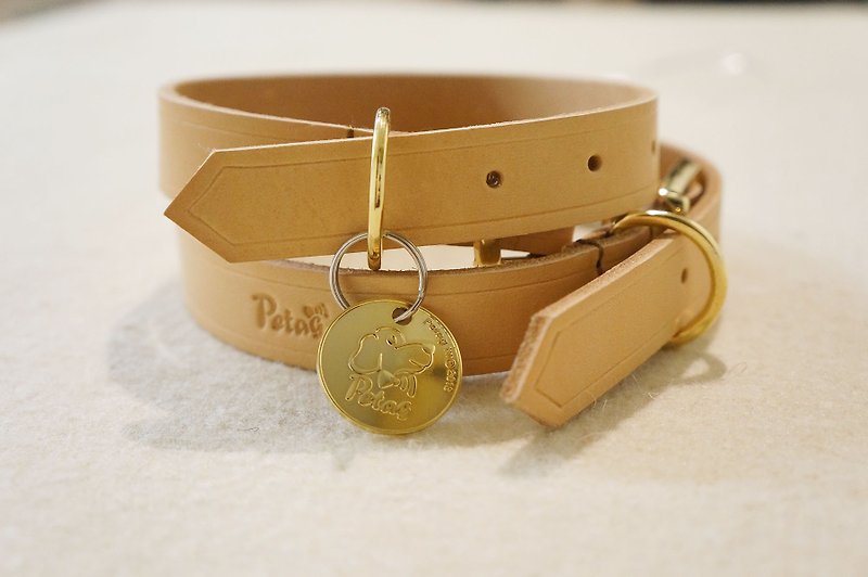(Set) Leather Collar (L) + Golden Circle Qrcode Pet Smart Collar - ปลอกคอ - หนังแท้ สีเหลือง