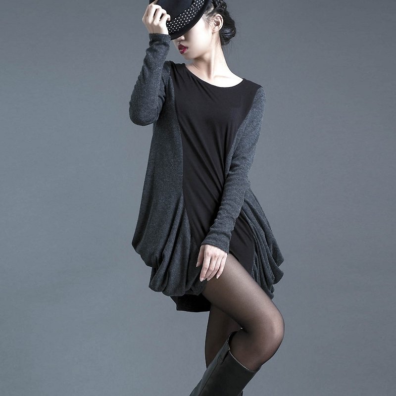 【Dress,top】_Side draped dress_ &amp;lt; wool black gray / thin knit brown x2 colors&amp;gt; - ชุดเดรส - วัสดุอื่นๆ สีดำ