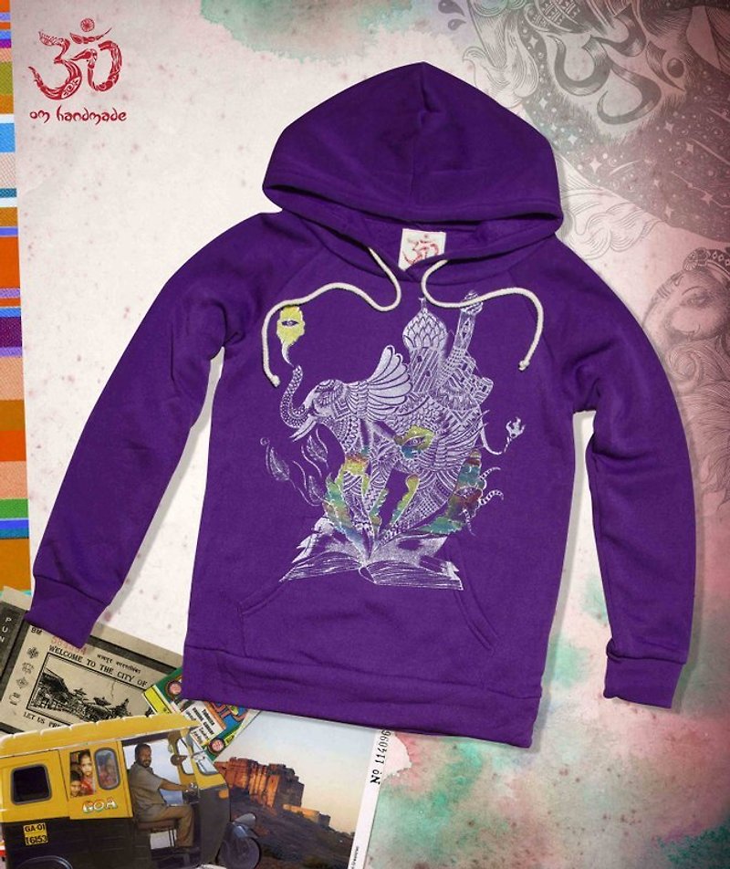 手感連帽刷毛上衣-印度大象(紫色) - เสื้อยืดผู้หญิง - ผ้าฝ้าย/ผ้าลินิน สีม่วง