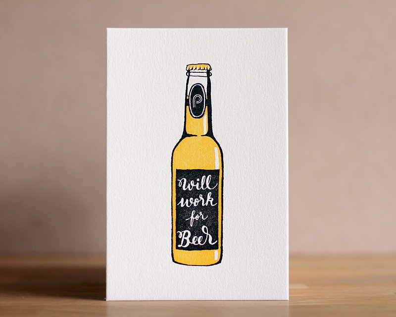 'Will Work For Beer' Letterpress Print/ Postcard - การ์ด/โปสการ์ด - กระดาษ สีเหลือง