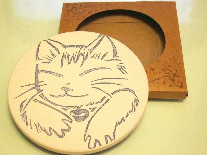 Smiling cat absorbent coaster - ที่รองแก้ว - วัสดุอื่นๆ สีเหลือง
