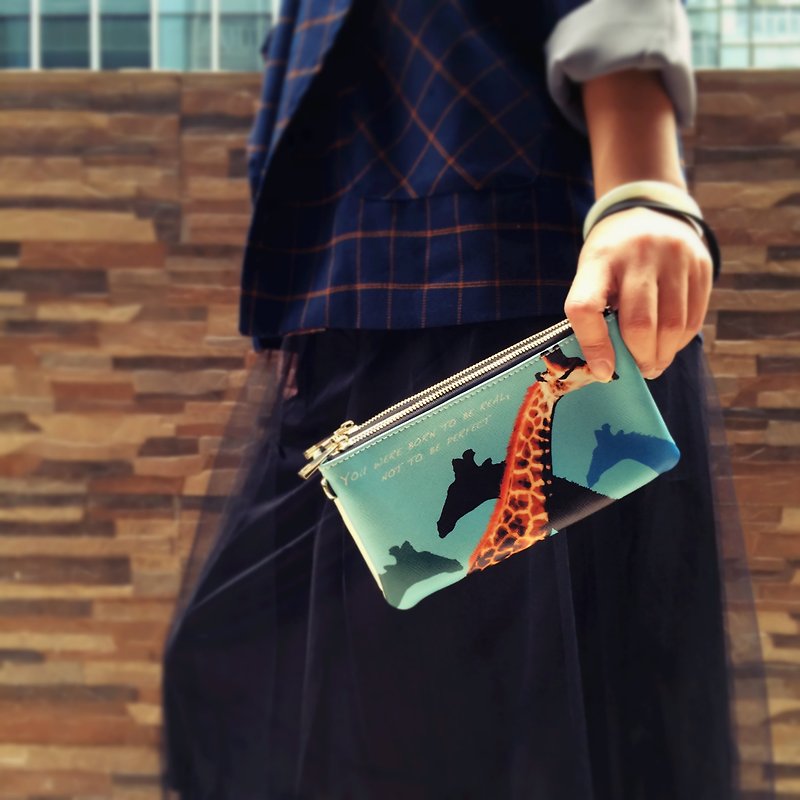 可愛長頸鹿雙拉鏈單肩包 Cute giraffe double zip shoulder bag by Shuki Design - 側背包/斜孭袋 - 真皮 藍色