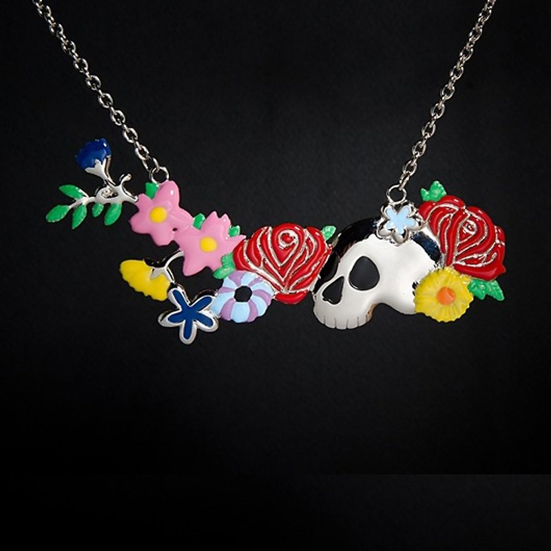 Love blooms, life ends necklace with skull and colorful flowers - Necklaces - Other Metals Multicolor