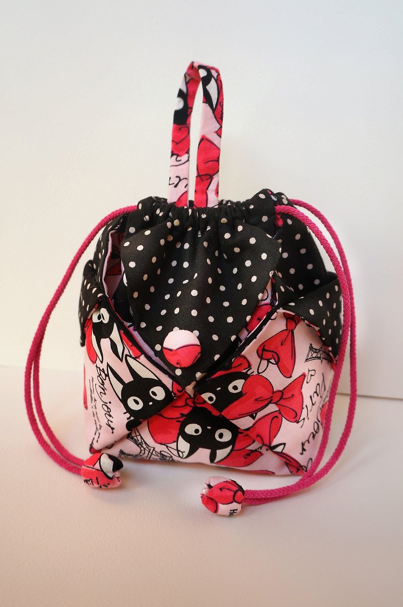 ピンクの弓黒猫ドット形状のパンバレルバッグハンドバッグ袋状の袋おしん - ポーチ - その他の素材 ピンク