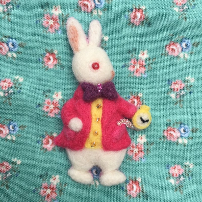 Mr. White Rabbit-Hand-made wool felt pins - Brooches - Wool Multicolor