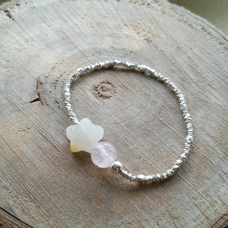 925 sterling silver handmade irregular septa carved agate bracelet rose quartz with white stars - Bracelets - Gemstone Pink