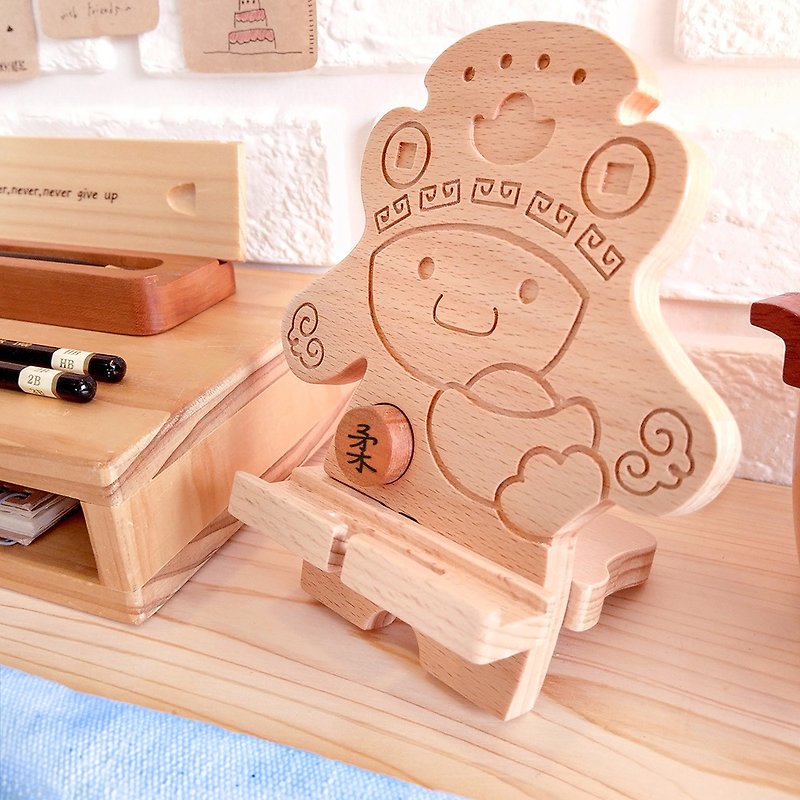 Make a lot of money God of Wealth-customized log phone holder (with small magnet) [New Year gift] - ที่ตั้งมือถือ - ไม้ สีนำ้ตาล