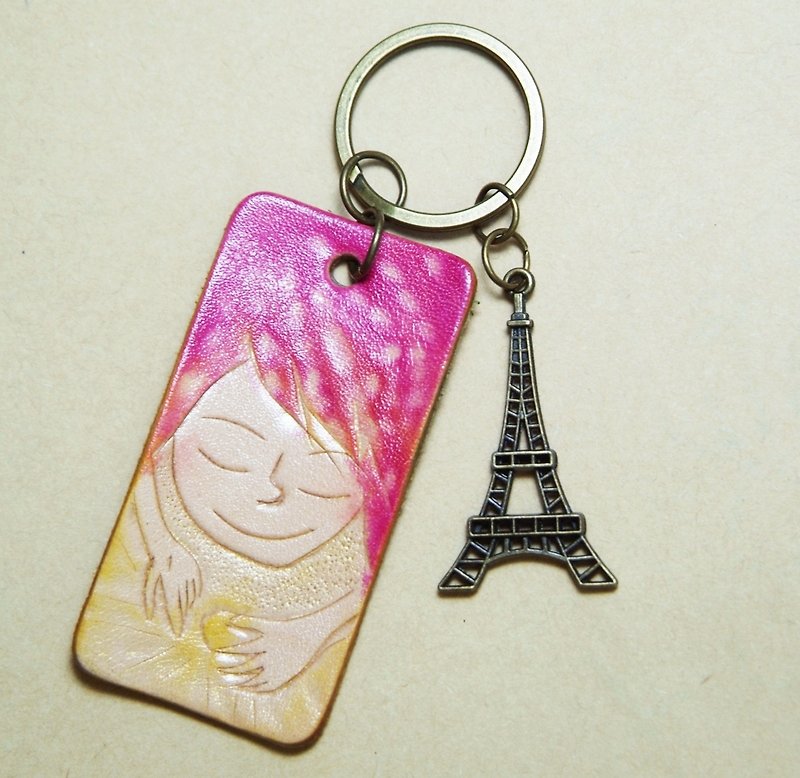 Flowery rectangular girl embraces the light of hope tower key ring - Keychains - Genuine Leather Multicolor