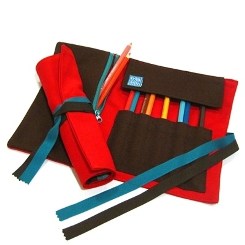 筆捲, 捲軸式筆袋 (紅色帆布) - 筆盒/筆袋 - 棉．麻 紅色