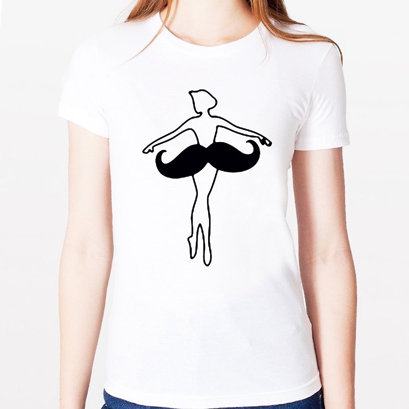 Ballerina Moustache white t shirt - เสื้อยืดผู้หญิง - ผ้าฝ้าย/ผ้าลินิน ขาว