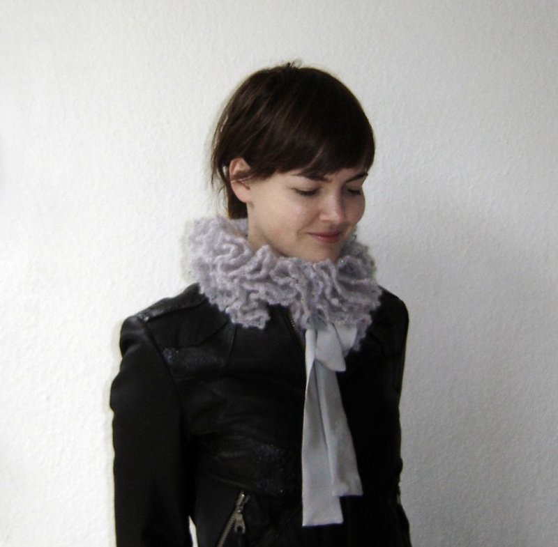 Grey Crochet Ruffle Collar Scarf - Elegant Mohair Ruffle Lace Scarflette with Silk Ties - 絲巾 - 其他材質 灰色