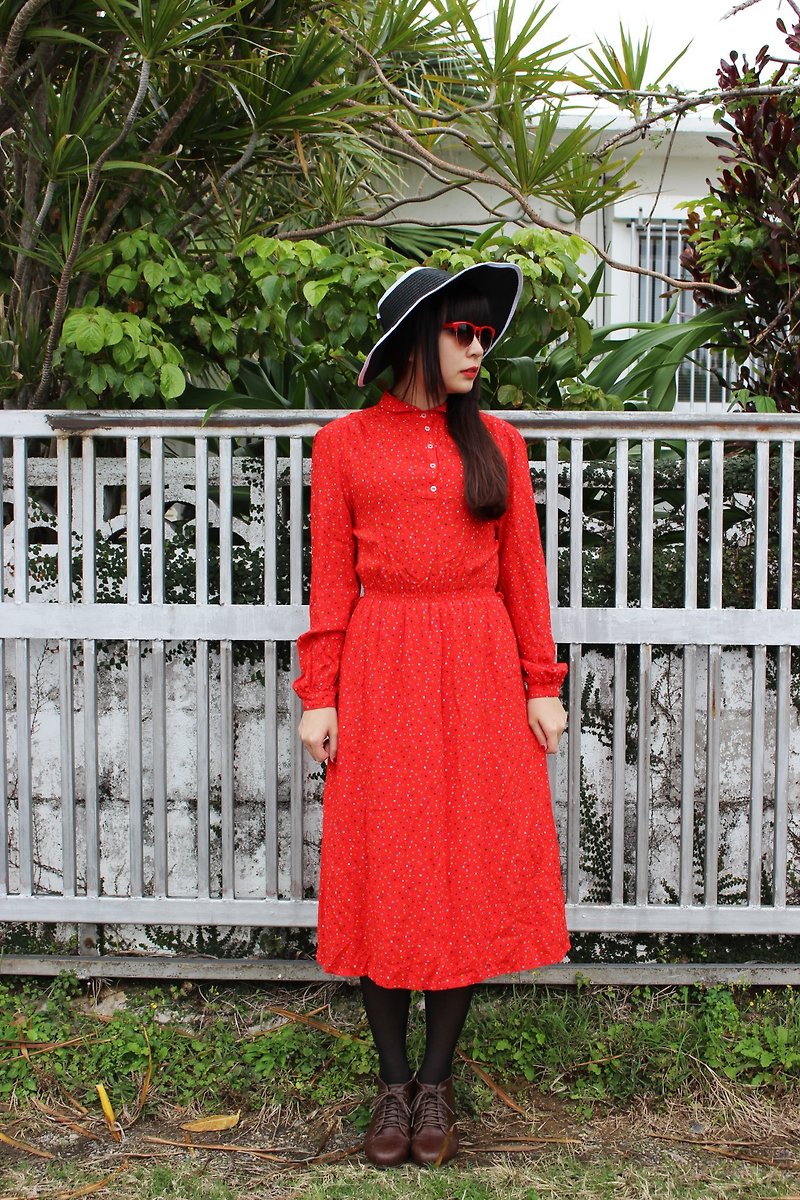其他材質 洋裝/連身裙 紅色 - F703(Vintage)正紅色點點棉質長袖古著洋裝