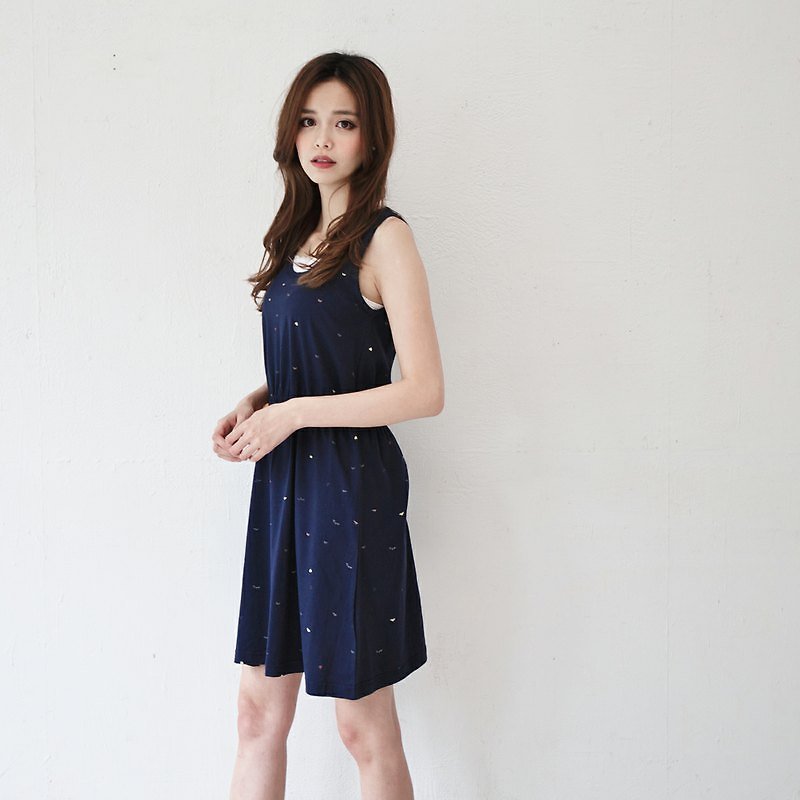 SUMI PLUS+手作系列_秋遊_束腰連身洋裝_3SF040_藏青 - 連身裙 - 其他材質 藍色