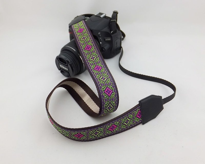 相機背帶 個性客製 可印字 真皮拼接 刺繡花紋  民族風041 - 相機背帶 - 真皮 綠色