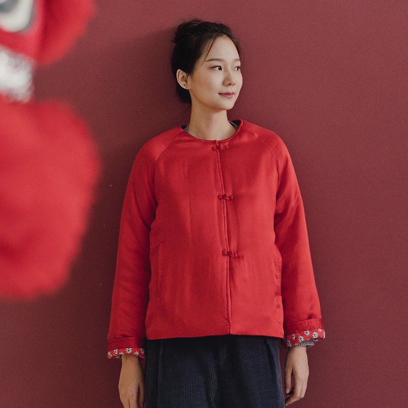 BUFU traditional Chinese-style winter coat  red silk   O190542R - เสื้อแจ็คเก็ต - ผ้าไหม สีแดง