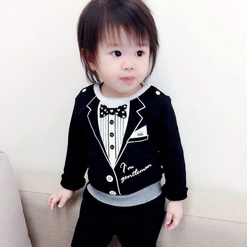 PUREST Little Gentleman's Suit Black Long Sleeve Baby Newborn Ass Jumpsuit - ชุดทั้งตัว - ผ้าฝ้าย/ผ้าลินิน สีดำ