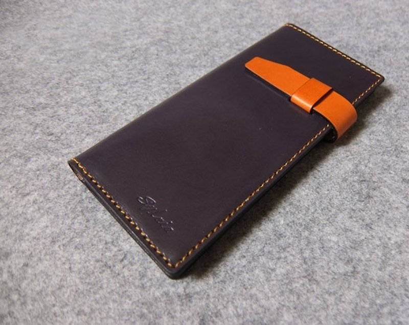 Genuine leather long clip 7 cards + L clip + pin upgrade version gray blue + bright orange - กระเป๋าสตางค์ - หนังแท้ หลากหลายสี