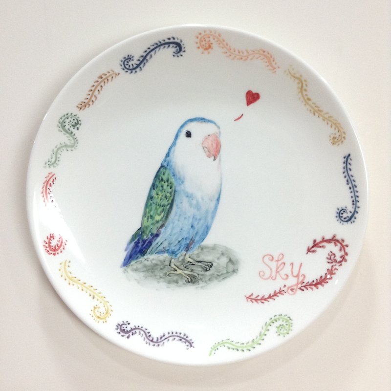 藍小鸚 - 手繪 8 吋鸚鵡瓷盤 - 小碟/醬油碟 - 瓷 多色
