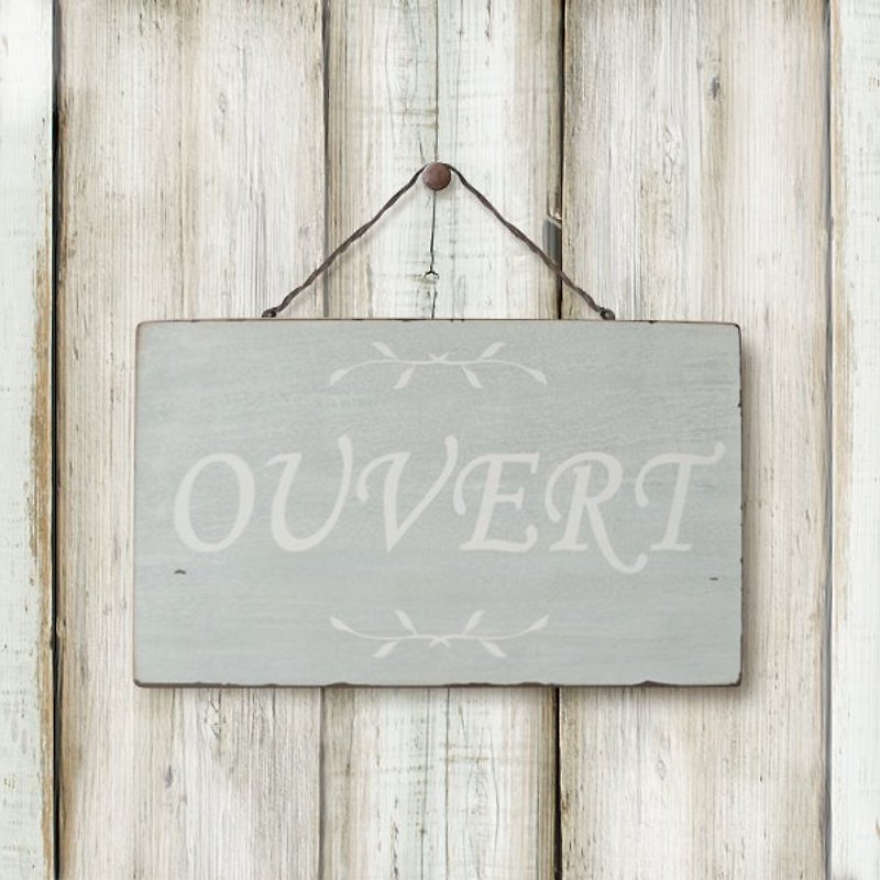 復古標示-OUVERT-綠底白字 - 裝飾/擺設  - 木頭 藍色