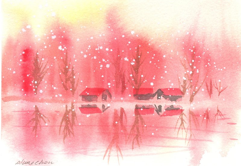 聖誕節「療癒系樹林系列1-82」水彩手繪限量版明信片/賀卡 - 心意卡/卡片 - 紙 紅色