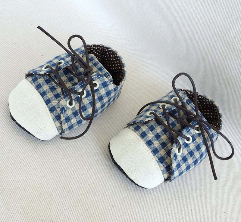 Va handmade shoes Series grid tie small leisure shoes - รองเท้าเด็ก - วัสดุอื่นๆ สีน้ำเงิน