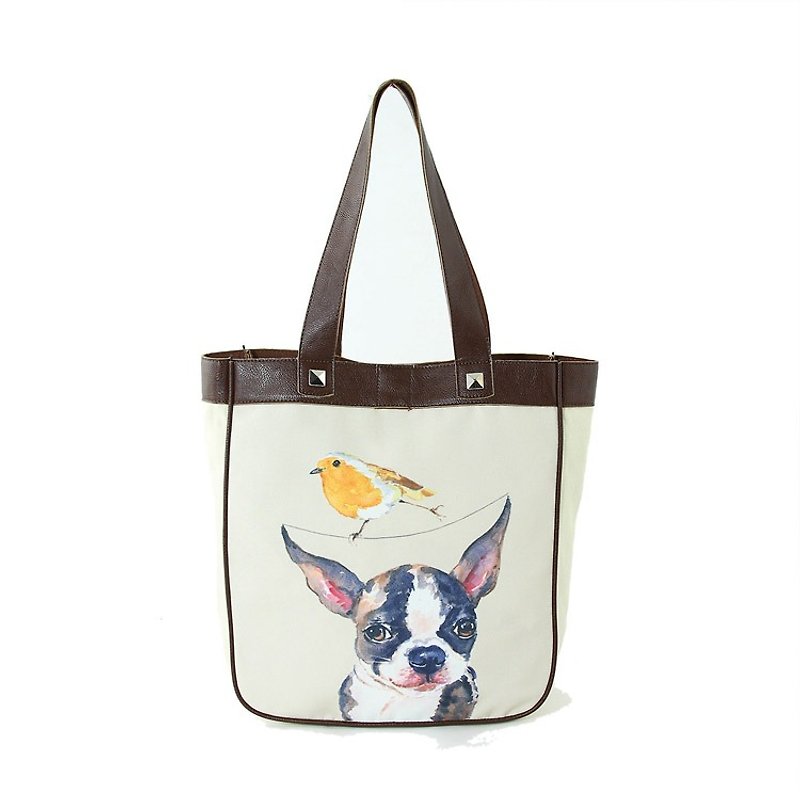 Sleepyville Critters - dog v.s. bird Fabric Tote Bag - กระเป๋าแมสเซนเจอร์ - วัสดุอื่นๆ สีกากี