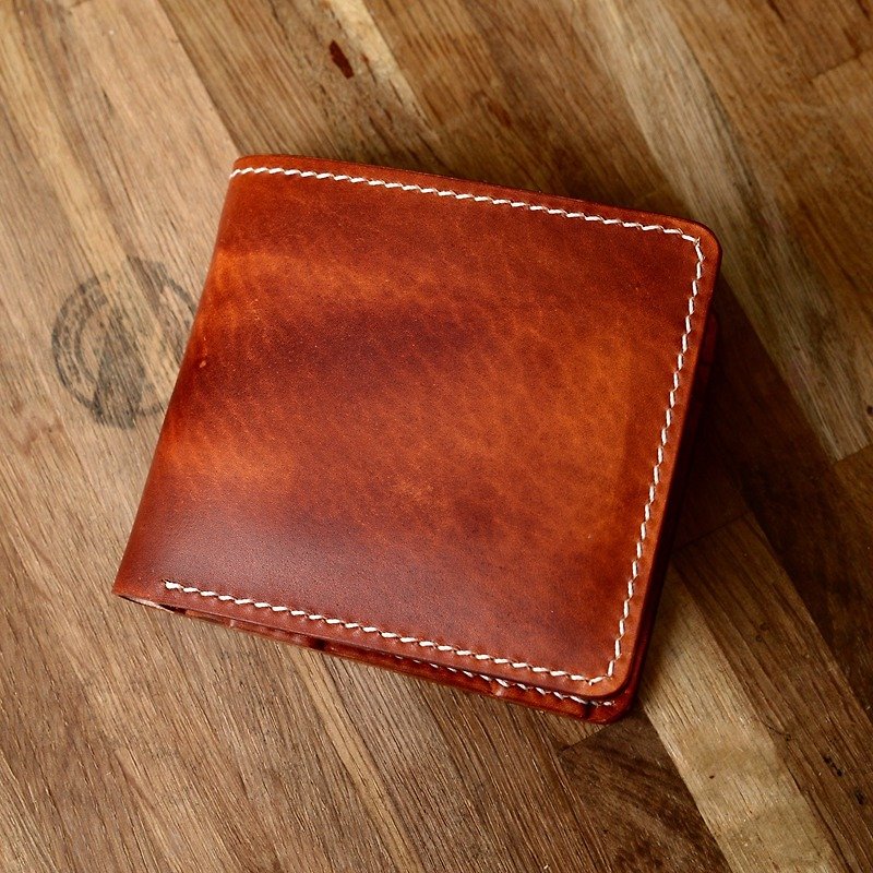 Can hand-made two-fold horizontal Japanese hand-dyed handmade yellow-brown vegetable tanned leather short fortune minimalist cowhide wallet wallet - กระเป๋าสตางค์ - หนังแท้ สีนำ้ตาล