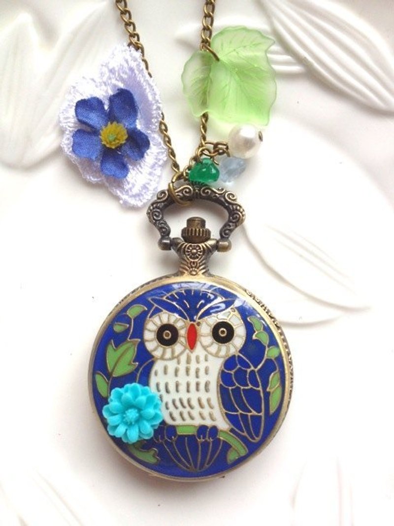 Handmade- owl pocket watch necklace color blue series - Necklaces - Other Materials 