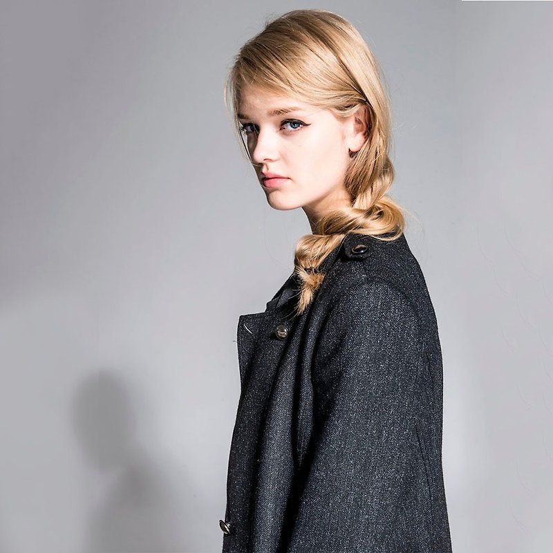 Lapel Long woolen jacket - black NOVI - เสื้อสูท/เสื้อคลุมยาว - อะคริลิค สีเทา