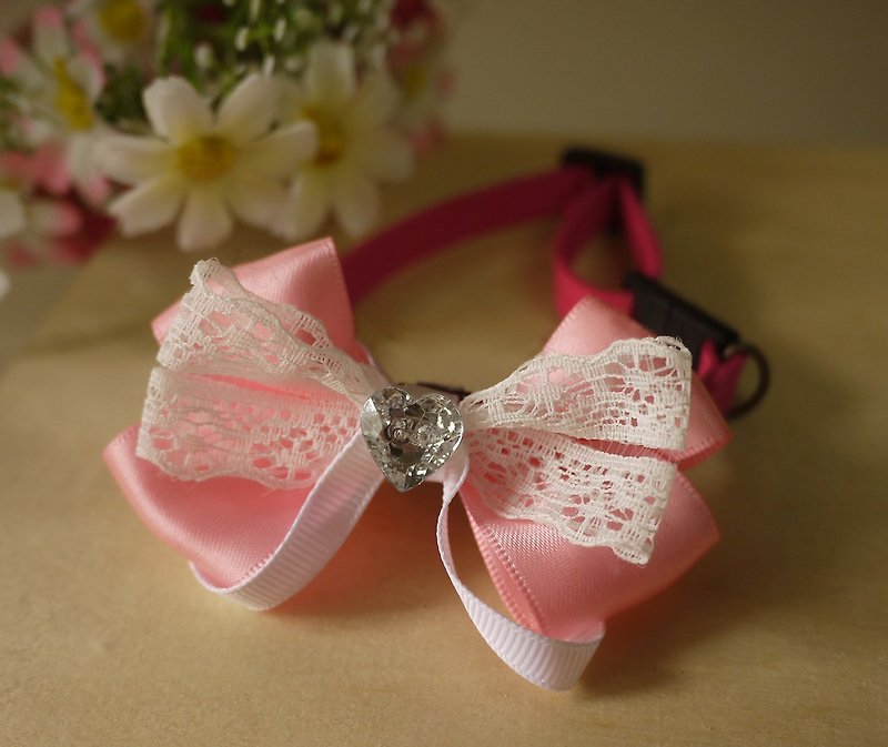 [Bright Pink] Safety Pet Collar x Small Lace Love Cat/Dog/Neckband/Bow Tie/Chwee ♥Cherry Pudding♥