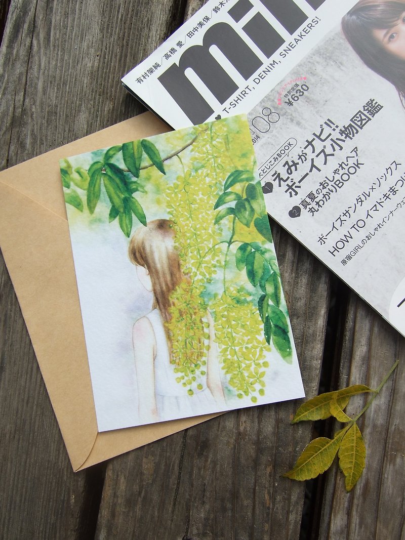 Before the blossom ends - watercolor girl illustration postcard gift card - การ์ด/โปสการ์ด - กระดาษ สีเหลือง