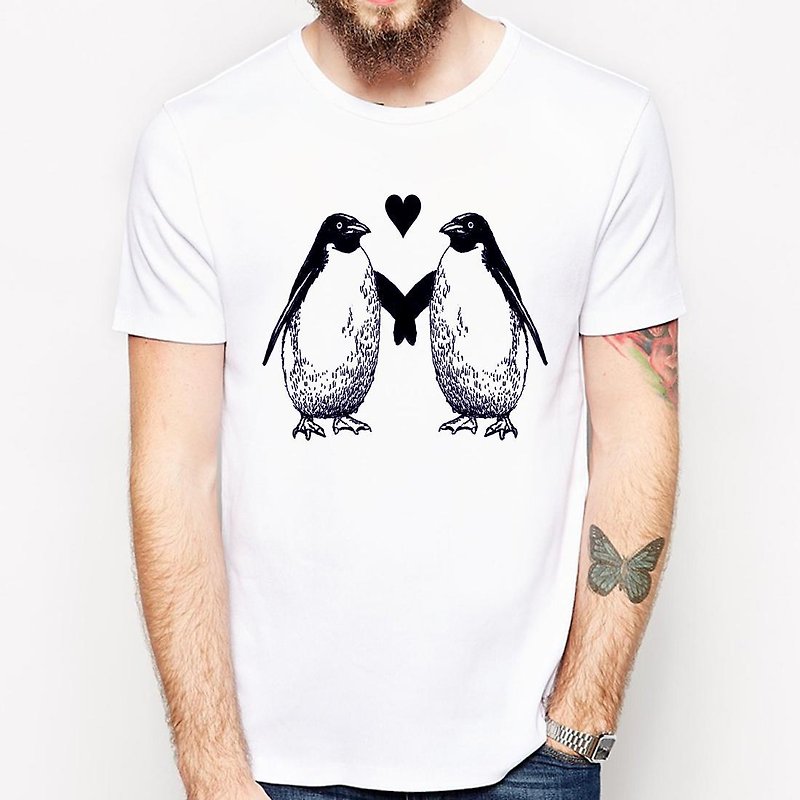 ペンギンラブ半袖Tシャツ-2色ペンギンラブアニマルWenqingデザインカップルギフト - Tシャツ メンズ - コットン・麻 ホワイト