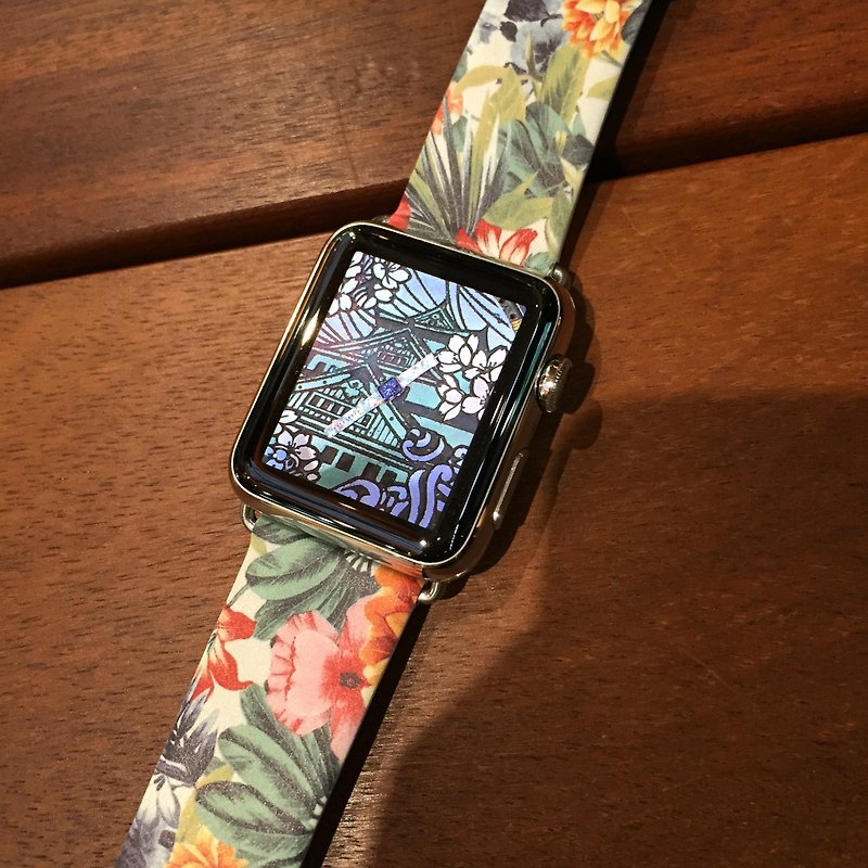 Colorful Floral Printed on Leather watch band for Apple Watch Series 1-5 Fitbit - สายนาฬิกา - หนังแท้ หลากหลายสี