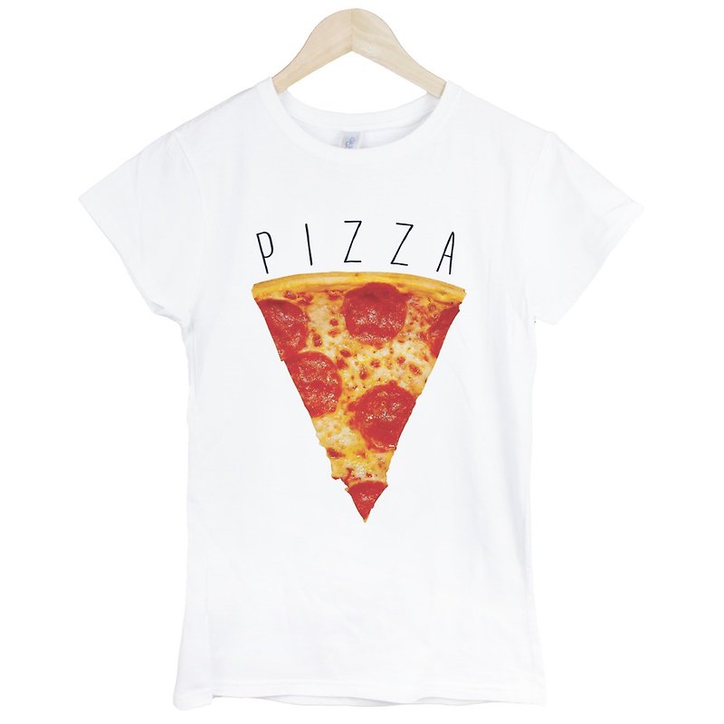PIZZA SLICE Girls' Short Sleeve T-Shirt-White Slice of Pizza Wenqing Fresh Food Design Homemade Brand - เสื้อยืดผู้หญิง - กระดาษ ขาว