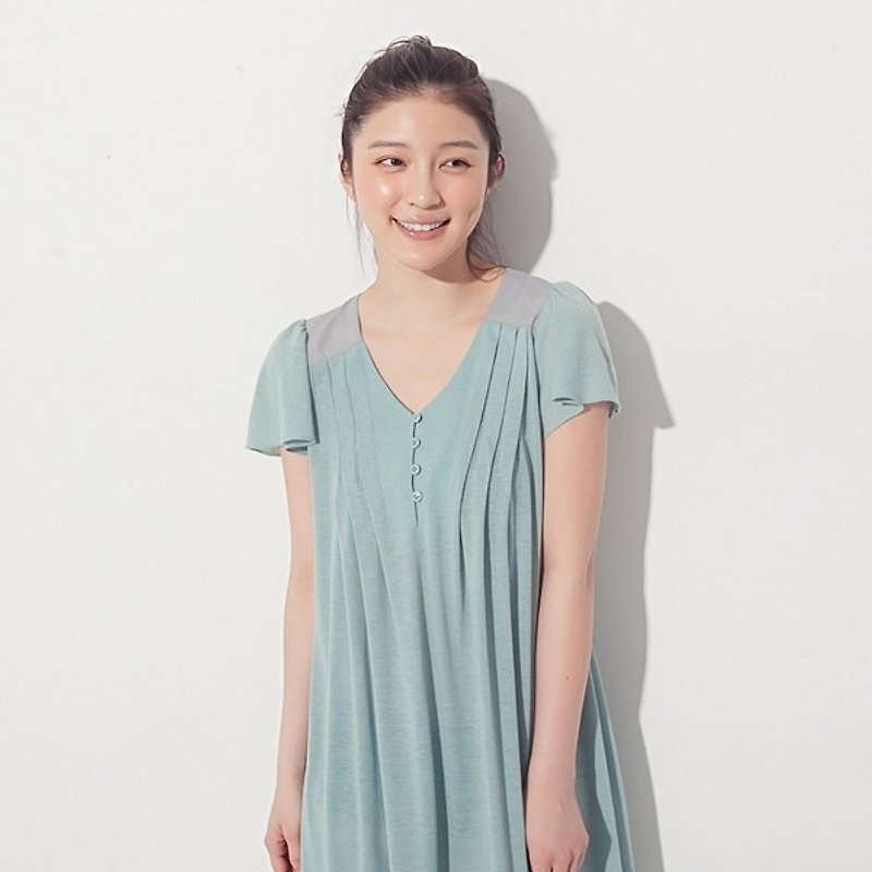 [Limited time offer] sleeve V-neck dress waves (blue-green) - One Piece Dresses - Other Materials Blue