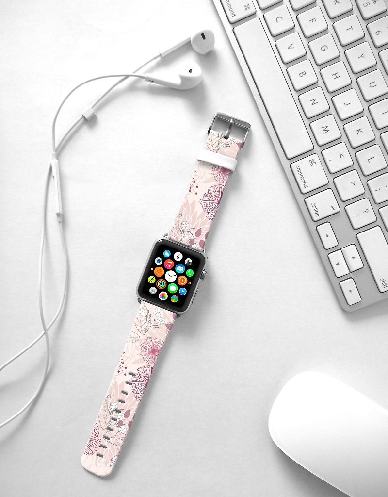 Apple Watch Series 1 , Series 2, Series 3 - Soft Pink Floral pattern Watch Strap Band for Apple Watch / Apple Watch Sport - 38 mm / 42 mm avilable - Watchbands - Genuine Leather 