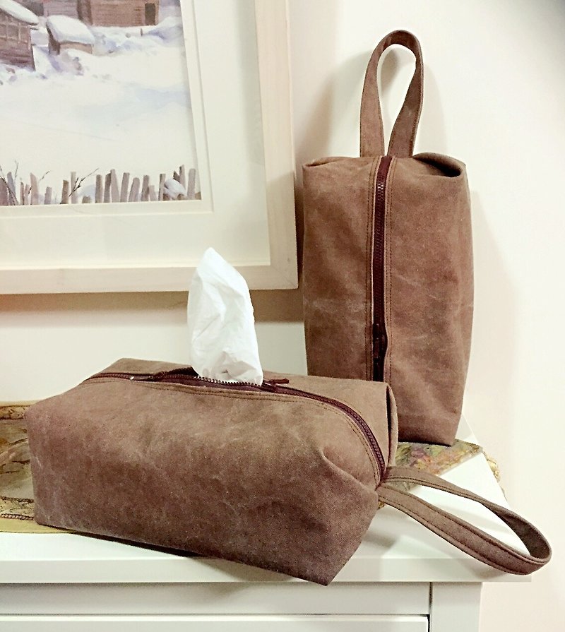 Sienna stone wash canvas pouch glossy set Clutch - Beverage Holders & Bags - Cotton & Hemp Brown