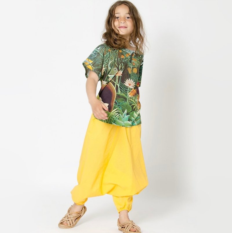 Swedish organic cotton children's clothing breathable wide pants parent-child clothing 120cm to 170cm yellow - กางเกงขายาว - ผ้าฝ้าย/ผ้าลินิน สีเหลือง