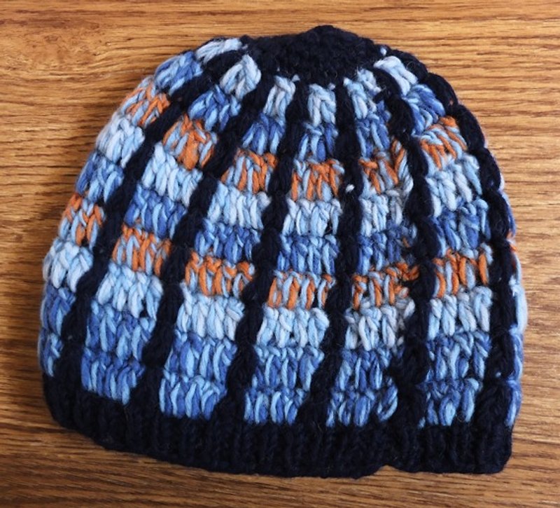 【Grooving the beats】Handmade Hand Knit Wool Beanie Hat（Blue） - Hats & Caps - Other Materials Blue
