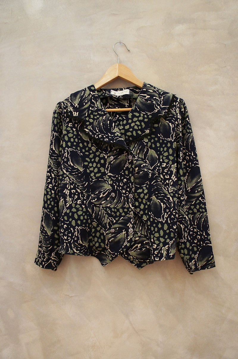 Quality double-breasted jacket chiffon slip deep blue and yellow and green vintage print PdB - Women's Shirts - Paper Black