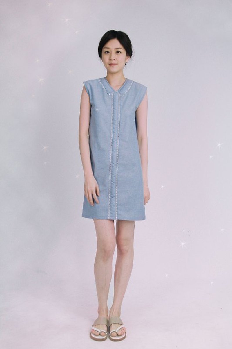 Breena 氣囊設計襯衫式洋裝 - 洋裝/連身裙 - 棉．麻 藍色