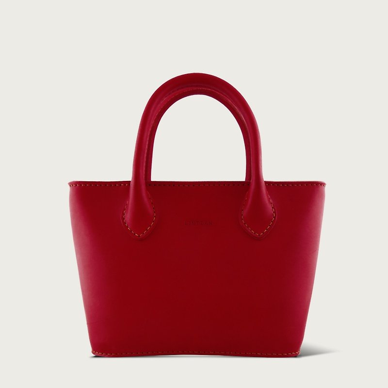 LINTZAN "hand-stitched leather" perspective handbag / tote tote - red wine - กระเป๋าถือ - หนังแท้ สีแดง