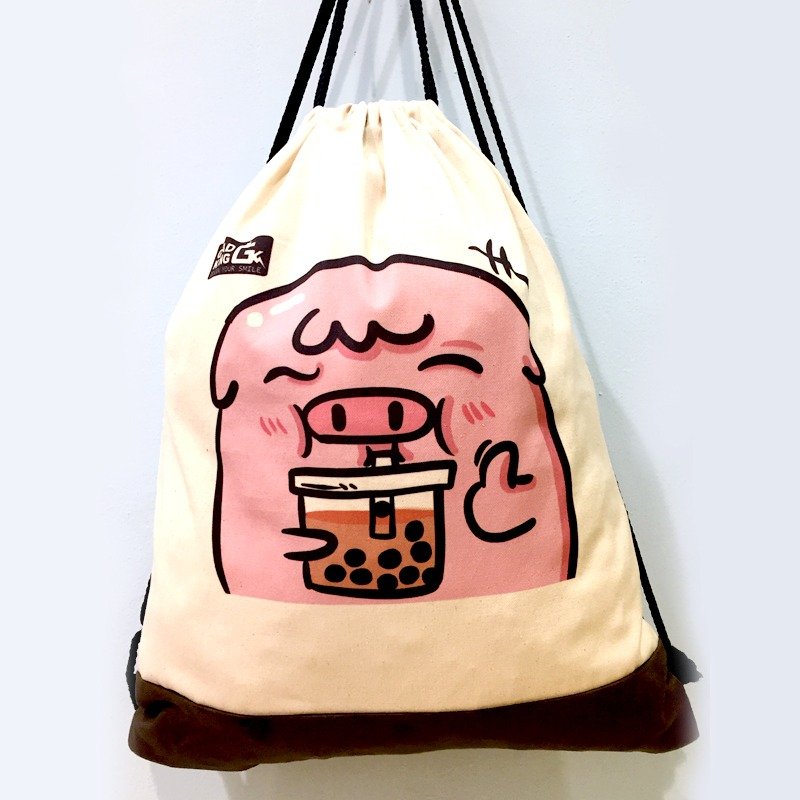 QQ豬真豬(珍珠)奶茶帆布後揹/購物袋/書包/隨身包/文青/類帆布/禮物/肩背/ - 後背包/背包/書包 - 紙 