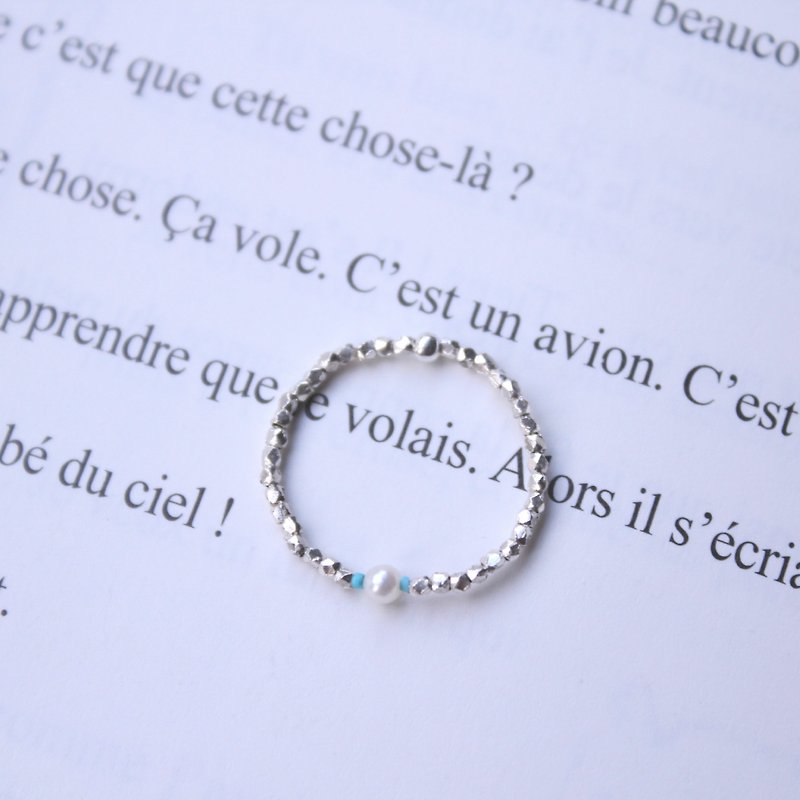 Journal (letter T- Treasure meticulous soft ring) - hand-made silver, blue turquoise, natural pearls - แหวนทั่วไป - วัสดุอื่นๆ สีน้ำเงิน