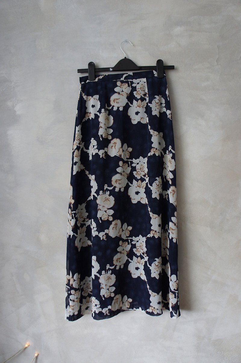 ダークブルーガーゼドレスヴィンテージ茶色の花PDB - スカート - その他の素材 ブルー