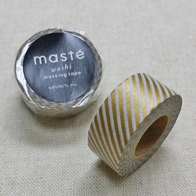 日本 maste 和紙膠帶 Basic 限定系列【斜條紋/金 (MST-MKT43-GD)】 - マスキングテープ - 紙 ゴールド